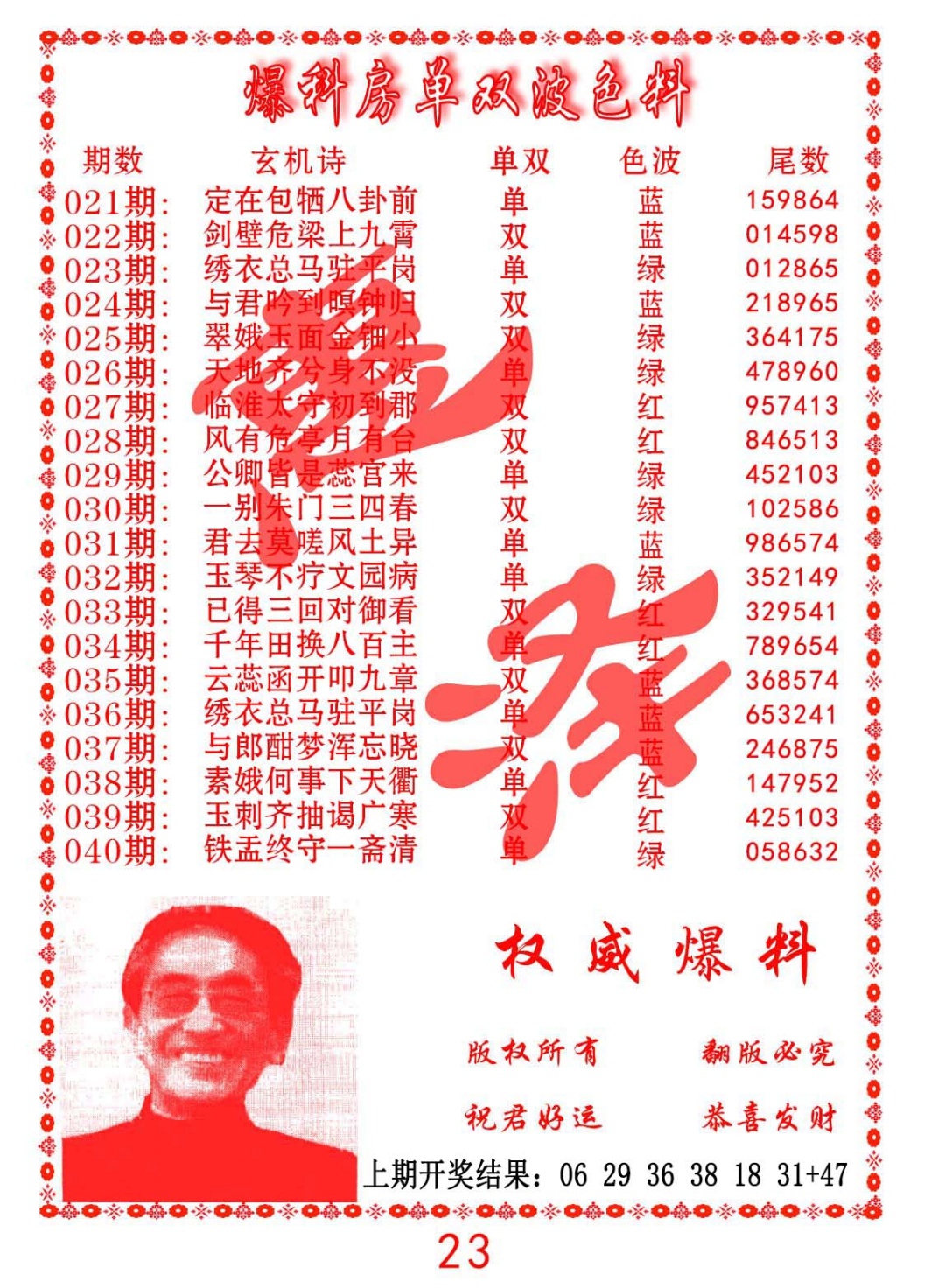 024期爆料房单双波色料[图]